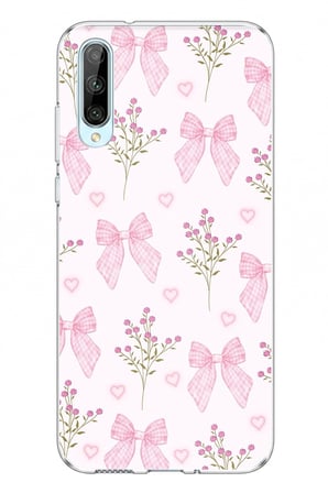 Huawei P Smart S Uyumlu Pembe Çiçek ve Fiyonklar Baskılı Silikon Kılıf