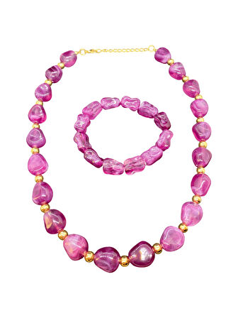 Mor ve Altın Renk Detaylı Şık Akrilik Damla Boncuk Bileklik ve Kolye Seti | Şık Ve Parlak Tasarım