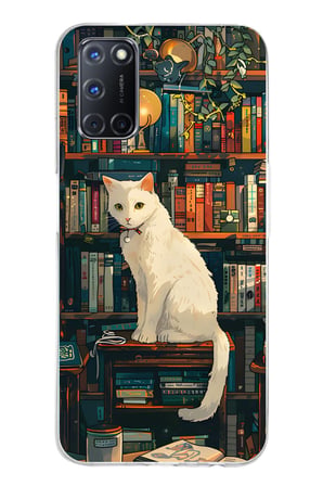OPPO A52-A72-92 Uyumlu Kitaplık Beyaz Kedi Tasarımlı Baskılı Silikon Kılıf