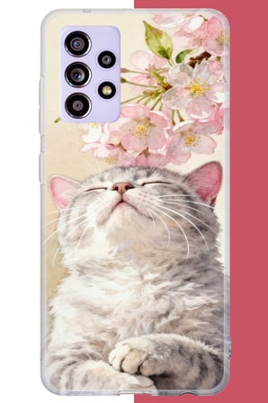 Samsung Galaxy A52-A52S Uyumlu pembe yapraklı kedi Baskılı Silikon Kılıf
