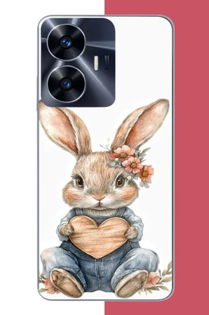 Realme C55 Uyumlu çiçek tokalı tavşan Baskılı Silikon Kılıf