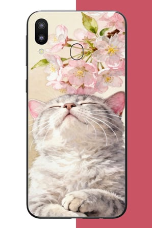 Samsung Galaxy M20 Uyumlu pembe yapraklı kedi Baskılı Silikon Kılıf