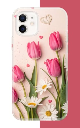 iPhone 12-12 PRO Uyumlu pembe lale Baskılı Silikon Kılıf