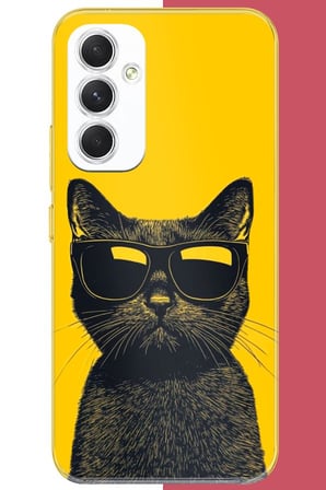 Samsung Galaxy A54 Uyumlu Sarı Fondaki Havalı Kedi Baskılı Silikon Kılıf