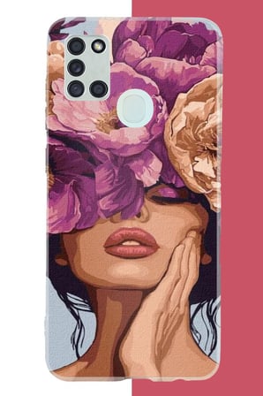 Samsung Galaxy A21S Uyumlu mor çiçekli kadın Baskılı Silikon Kılıf