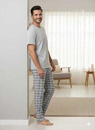 ERKEK GRİ KISA KOL PİJAMA TAKIMI