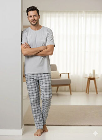 ERKEK GRİ KISA KOL PİJAMA TAKIMI