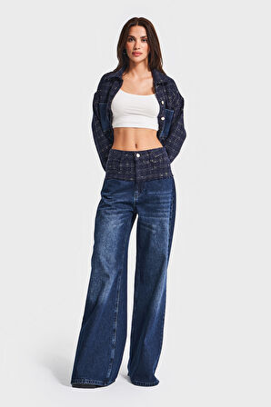 Kadın Koyu Kot Rengi 2w5-7 Palazzo Fit Çift Parça Kumaş Özel Tasarım Denim Jean