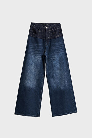 Kadın Koyu Kot Rengi 2w5-7 Palazzo Fit Çift Parça Kumaş Özel Tasarım Denim Jean