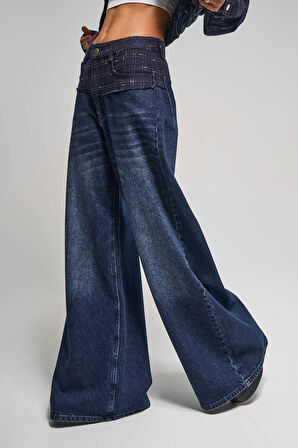 Kadın Koyu Kot Rengi 2w5-7 Palazzo Fit Çift Parça Kumaş Özel Tasarım Denim Jean