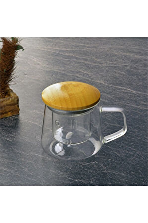 2 ADET  Tohana Bambu Kapaklı Cam Süzgeçli Kupa 350 ml