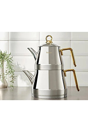 2 ADET  Hisar Orlando İndüksiyon Tabanlı Midi Çelik Çaydanlık Titanyum Gold 2+1 L