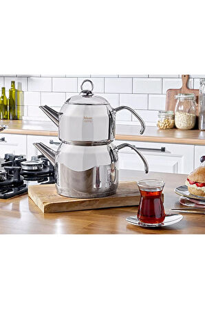 3 ADET  Hisar Satürn Metal Kulplu Çaydanlık 2+1 L