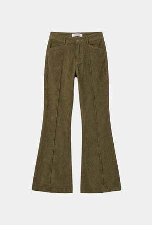 Kadın Haki Flare Fit Pürüzsüz Dokulu Esnek Velvet Kadife Kumaş Pantolon