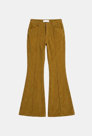 Kadın Yağ Yeşili Flare Fit Pürüzsüz Dokulu Esnek Velvet Kadife Kumaş Pantolon