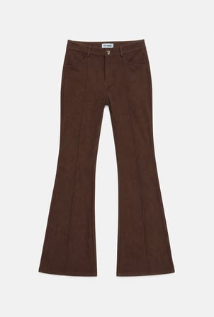 Kadın Kahve Flare Fit Pürüzsüz Dokulu Esnek Velvet Kadife Kumaş Pantolon