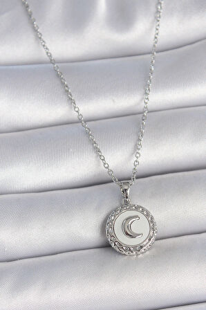 316L Çelik Gümüş Renk Zincir Beyaz Mineli Hilal İşlemeli Madalyon Model Kadın Kolye
