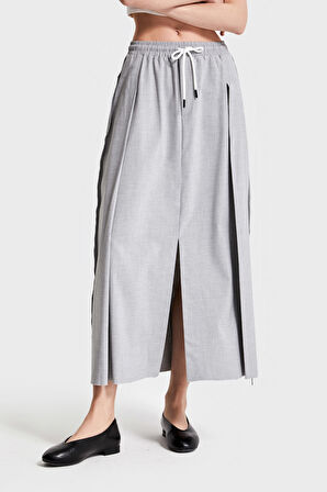 Kadın Gir Renk Beli Lastlikli Yırtmaçlı Maxi Boy Tasarım Kumaş Etek