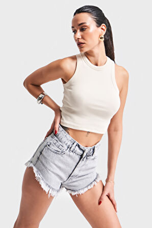 Kadın Bej Renk s5-101 Halter Yaka Esnek Kaşkorse Kumaş Crop Top Body