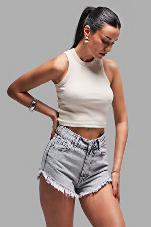 Kadın Bej Renk s5-101 Halter Yaka Esnek Kaşkorse Kumaş Crop Top Body