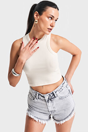 Kadın Bej Renk s5-101 Halter Yaka Esnek Kaşkorse Kumaş Crop Top Body