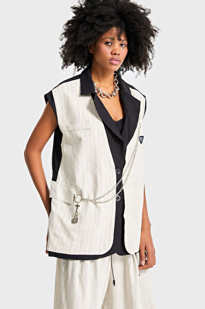 Kadın Bej Çizgili Renk Siyah Bej Parçalı Aksesuar Detaylı Bol Kesim Tasarım Yelek