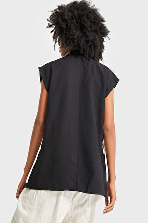 Kadın Bej Çizgili Renk Siyah Bej Parçalı Aksesuar Detaylı Bol Kesim Tasarım Yelek