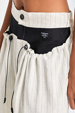 Kadın Bej Çizgili Renk Bol Kesim Özel Tasarım Binici Pantolon