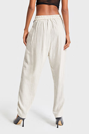 Kadın Bej Çizgili Renk Bol Kesim Özel Tasarım Binici Pantolon