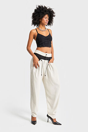 Kadın Bej Çizgili Renk Bol Kesim Özel Tasarım Binici Pantolon