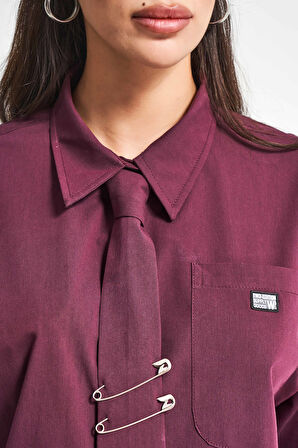 Kadın Bordo Renk Kravatlı Tasarım Bol Kesim Gömlek