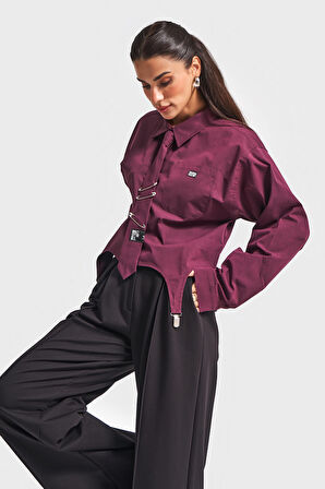 Kadın Bordo Renk Kravatlı Tasarım Bol Kesim Gömlek