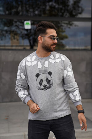 Sweatshirt Bisiklet Yaka Panda Baskılı Oversize Sweat