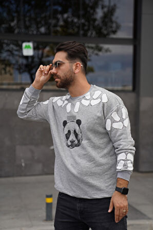 Sweatshirt Bisiklet Yaka Panda Baskılı Oversize Sweat