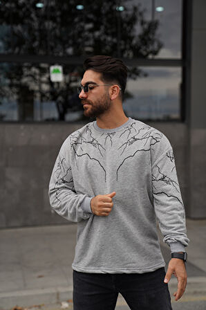 Sweatshirt Bisiklet Yaka Yıldırım Baskılı Oversize Sweat