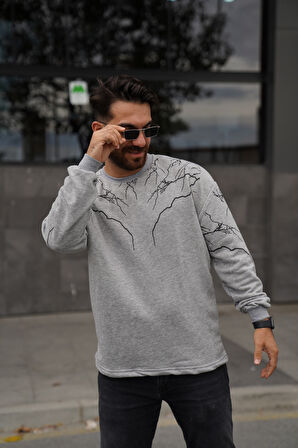 Sweatshirt Bisiklet Yaka Yıldırım Baskılı Oversize Sweat