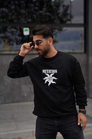 Sweatshirt Bisiklet Yaka Siyah Mutatıon Baskılı Oversize Sweat