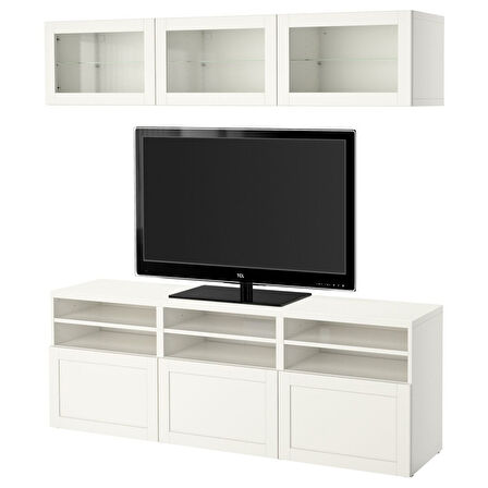 Tv ünitesi, beyaz-şeffaf cam, 180x42x192 cm, HANVIKEN/SINDVIK, çıt çıt raylı