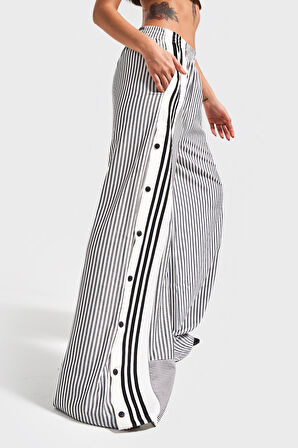 Kadın Siyah Çizgili Renk Yandan Düğmeli Palazzo Fit Bol Kesim Tasarım Pantolon