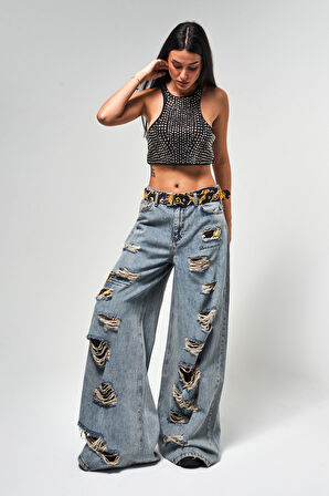 Kadın Kot Rengi Yırtık Detaylı Kemerli Tasarım Palazzo Fit Denim Jean