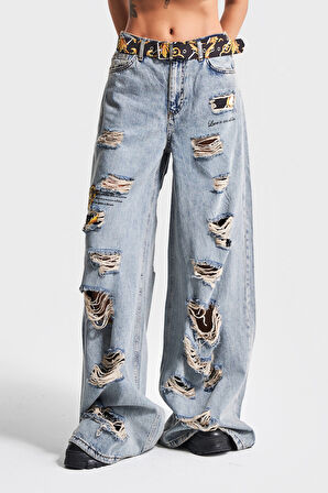 Kadın Kot Rengi Yırtık Detaylı Kemerli Tasarım Palazzo Fit Denim Jean
