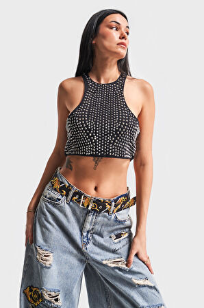 Kadın Siyah Renk Halter Yaka Parlak Yapıştırma Taşlı Tasarım Crop Top