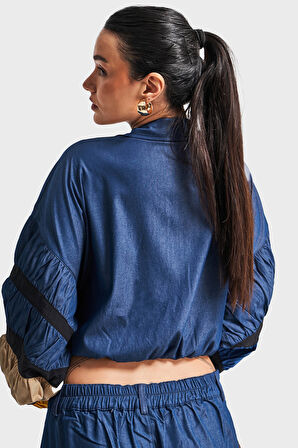 Kadın Koyu Mavi Renk Parçalı Kumaş Bol Kesim Tasarım Ceket