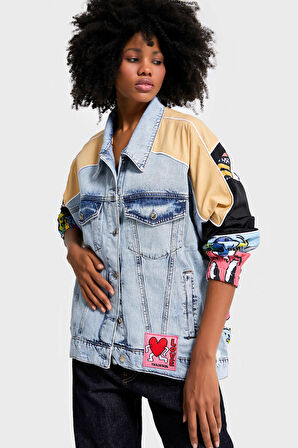 Kadın Kot Rengi Oversize Renkli Baskılı Özel Tasarım Denim Ceket