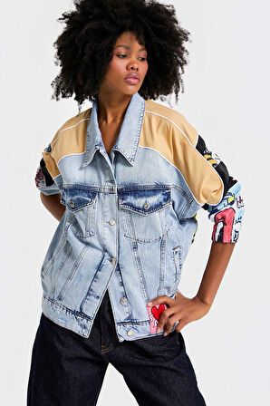Kadın Kot Rengi Oversize Renkli Baskılı Özel Tasarım Denim Ceket