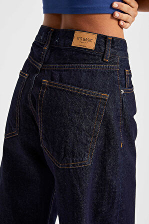Kadın İndigo Renk 7w5-50 Loose Fit Orta Bel İç Boy 80cm %100 koton Denim Jean