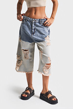 Kadın Kot Rengi Çift Renk Yırtık Detaylı Maxi Boy %100 Koton Tasarım Denim Bermuda Şort