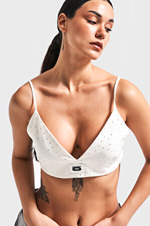 Kadın Ekru Renk Parlak Taşlı Askılı Tasarım Büstiyer