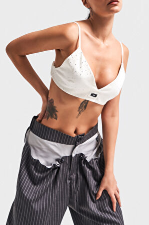 Kadın Ekru Renk Parlak Taşlı Askılı Tasarım Büstiyer