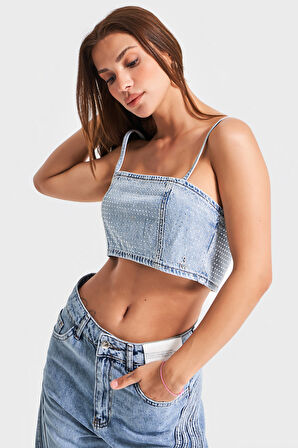 Kadın Kot Rengi Parlak Taşlı Askılı Özel Tasarım Denim Büstiyer